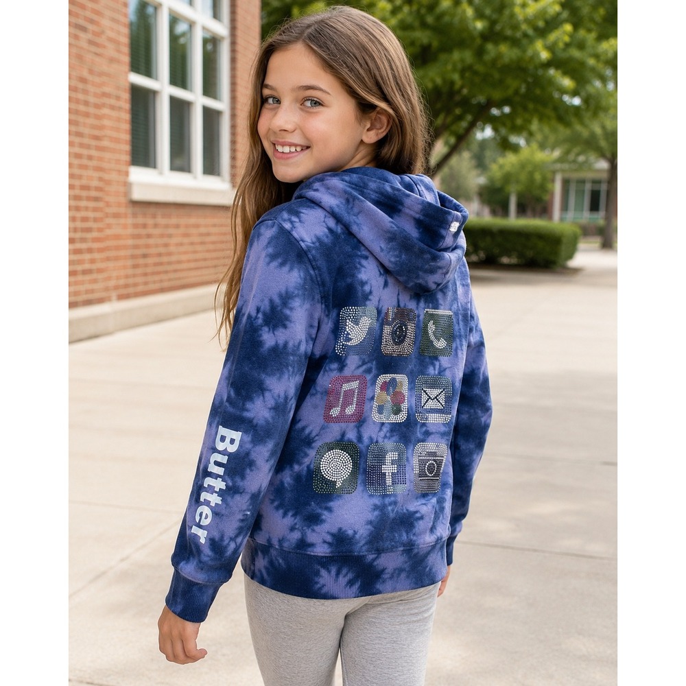 Butter Super Soft Blue Tie Dye Rhinestone Graphic Hoodie Size XL